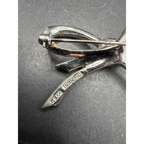 Vtg Marcel Boucher Bow Brooch Pin SIlver Tone Emerald Cut and Round Crystal 5266 - Picture 8 of 10